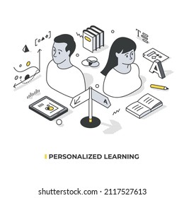 Concept of personalized learning experience. Students follow their own pace in learning and skills development. Isometric illustration on modern education
