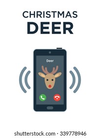 Concept of personalized phone call from Christmas Deer. Isolated on white background