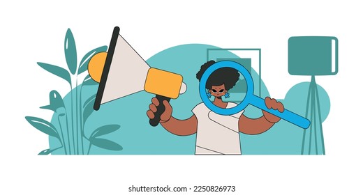 The concept of personnel search. The girl is holding a megaphone in her hands.