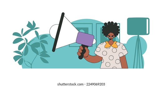 The concept of personnel search. A guy with a megaphone, symbolizing the search for people in the labor market.