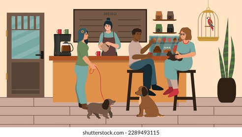 Concept Of Pet Friendly Cafe, Restaraunt Interior. Vector Flat Style Illustration