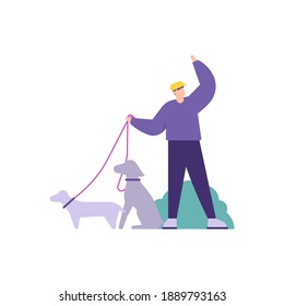 un concepto de cuidador de mascotas, amante de los animales, servicios de cuidado de mascotas. ilustración de un hombre caminando con su perro en el parque. estilo plano. elementos de diseño vectorial