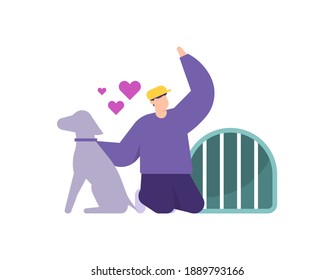 a concept of pet keeper, animal lover, pet care services. illustration of a boy playing with his dog. flat style. vector design elements