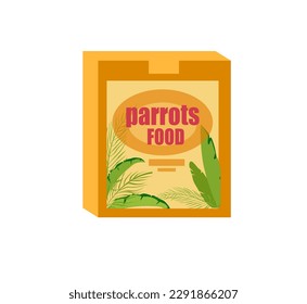 Concept Pet zoo parrots food. This illustration features a flat, vector, cartoon-style design concept of a pack of food for a parrot, set against a clean white background. Vector illustration.