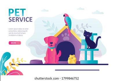 Concept Of Pets Care Services And Zooshop. Bringing Puppy To Grooming, Veterinary Service. Pet Hotel, Daycare And Animal Store. Landing Page Or Website Template. Trendy Flat Vector Illustration