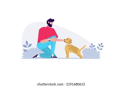 Concept Pets with people scene in the flat cartoon design. Man met someone ese's puppy on the street and decided to pet it. Vector illustration.