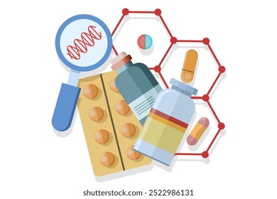 Concept of pharmaceutical drug products produced from biological sources. Biopharmaceutical products, biopharmacological products, medical products, natural pharmaceuticals. Flat vector illustration.