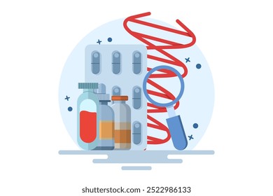 Conceito de produtos farmacêuticos produzidos a partir de fontes biológicas. Produtos biofarmacêuticos, produtos biofarmacológicos, produtos médicos, produtos farmacêuticos naturais. Ilustração de vetor plano.