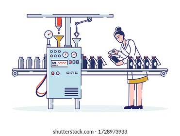 Concept Of Pharmaceutics And Medicine Production. Woman Operator Controls And Manages Process Of Medicine Production Filling On Conveyor Belt. Cartoon Linear Outline Flat Style. Vector Illustration