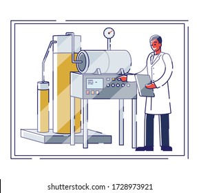 Concept Of Pharmaceutics And Medicine Production. Young Cheerful Scientist Controls Process Of Medicine Production With Professional Equipment In Lab. Cartoon Linear Outline Flat Vector Illustration