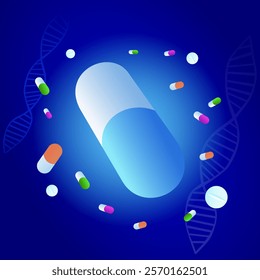 Concept of pharmacology and medicine, circulation of pills against the background of the silhouette of the DNA model