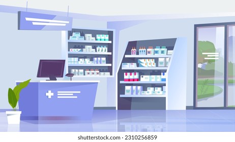 Farmacia conceptual. Este es un fondo de diseño de caricatura plana que incluye una farmacia con estantes llenos de medicinas, equipo médico y varios productos de salud. Ilustración vectorial.