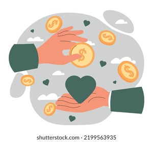 Concept of philanthropy. One hand holding coin and other holding green heart. Financial aid and support for poor. Poster or banner for website, volunteering. Cartoon flat vector illustration