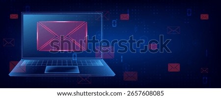 Concept of phishing email warning message on computer screen with red glowing envelope icon. Communication technology concept for online e-mail or cyber security banner design. Vector illustration.