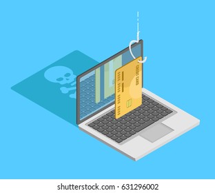 Concept of phishing and steel personal data. Credit car on hook with laptod drop skull shadow. Isometric flat vector illustration