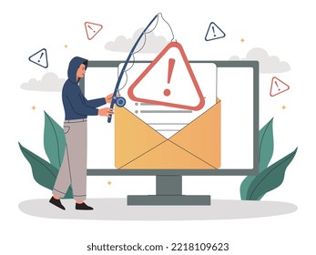 Concept of phishing. Woman with street leaves envelope with letter from computer screen. Internet hacker and intruder, online virus. Poster or banner for website. Cartoon flat vector illustration