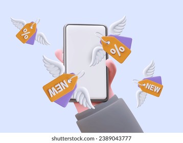 Concept of phone application for finding promotions and discounts. Realistic hand holding smartphone with blank screen, labels with wings flying around. Percentage mark, new arrival of goods