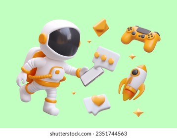 Concept of phone applications. 3D astronaut communicates in messenger from smartphone. Games, email, liking posts. Communication in social networks. Digital market advertising