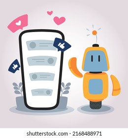 Concept phone illustration with robot assistant and chat. Conversation in social media, digital article and advertising