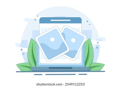 Concept Photo album online and digital gallery. Watch on website or internet electronic photographic image files on pc or laptop. computer network. flat cartoon vector illustration.
