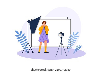 Concept Photo studio with people scene in the flat cartoon style. Model prepares for shooting under the camera's sights in the photo studio. Vector illustration.