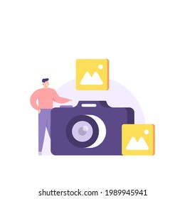 concept photographer, content creator. illustration of a camera, image symbol, people. picture taker or photo. profession and work. flat cartoon style. vector element design