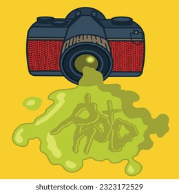 The concept of photography. Vector illustration of a camera from which flows a colorful spot with the inscription