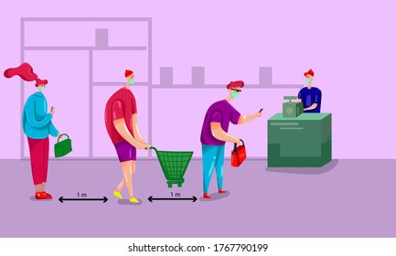 
The concept of physical distance. Save at least one meter from others and keep using a mask to protect yourself from catching corona virus in supermarkets. Vector illustration of applying a new normal