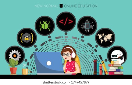 Concept and physical distancing. Girl using laptop for online education e-learning Coding at home for prevention from coronavirus outbreak. Vector of new behavior after Covid-19 pandemic