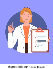 Concept of physician consultation, help, advice. Young female doctor worker in white coat holds document in her hands with markers in paragraphs of text. Illustration for informational medical poster.