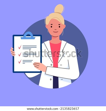 Concept of physician consultation, help, advice. Young female doctor worker in white coat holds document in her hands with markers in paragraphs of text. Illustration for informational medical poster.