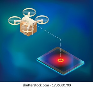 Concept picture of drone logistic service. Postal Drone Landed with carton box Package. Quadcopter courier. Technology autonomous Delivery shipping by air. 3d illustration vector