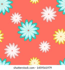 A concept picture of simple flower patterns in simple shades of yellow, white and blue against a coral background.