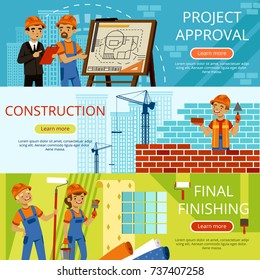 Concept pictures of construction steps. Project of building. Different worker equipment. Engineers and builders. Construction and architecture, building professional, occupation. Vector illustration