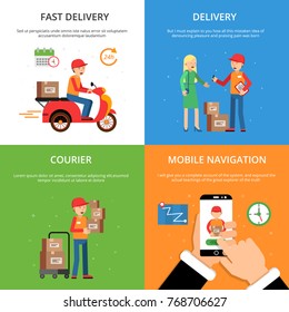 Concept pictures set on theme of delivery service. Customers and logistics. Service delivery goods, logistic process, vector illustration