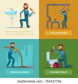 Concept pictures set of plumber at work. Pipeline repair, clogged toilet, sewer cleaning. Vector illustration