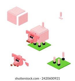 Concept with pink pig made from plastic bricks. Vector
