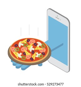 Concept, pizza delivery under the order. Fast delivery over the Internet. Vector isometric