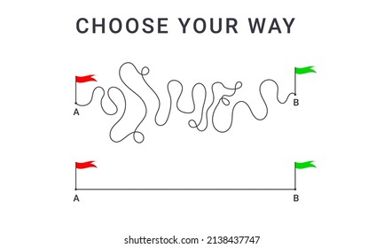 Concept of plan, easy expectation and complicated reality way. Complex messy lines, from journey to target. Process of problem simplifying as travel route. Vector illustration of find shortest way.