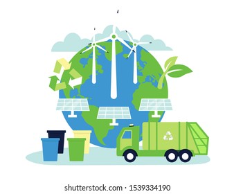 Concept Planet with solar energy panels, windmills, bins, urban sanitary vehicle garbage, truck for assembling. Environment, ecology, nature protection, recycle waste. Flat vector illustration.