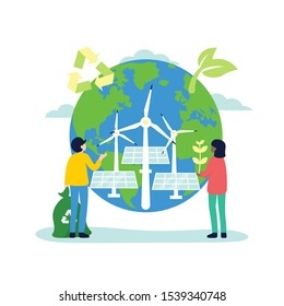 Concept Planet with solar energy panels, windmills, people volunteers. Environment, ecology, nature protection, recycle waste. Flat vector illustration.