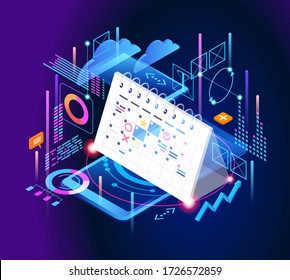 Concept or planner. Management and presentations. Calendar surrounded by business icons, charts, table. Web banner. Flat isometric vector illustration.