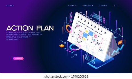 Concept or planner. Management and presentations. Calendar surrounded by business icons, charts, table. Web banner. Flat isometric vector illustration.