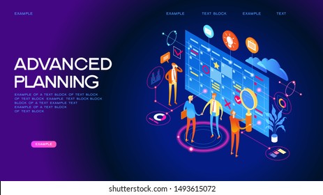 Concept or planner. Management and presentations. People interact with a calendar surrounded by business icons. Web banner. Flat isometric vector illustration.