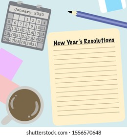 Concept of planning and achieving goals. Vector illustration background in flat style. New Year’s resolutions among a cup of coffee , a pencil , an eraser , a calendar and Post-it notes.