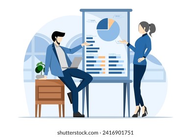 Concepto de la planificación de la estrategia institucional. Los personajes trabajan en oficinas y espacios de trabajo compartido. análisis de gráficos financieros Personas hablando con colegas, ilustración vectorial.