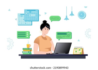 Concept planning with people scene in flat cartoon design. Woman makes a list of plans for the near future and enters them into a table on the computer. Vector illustration.