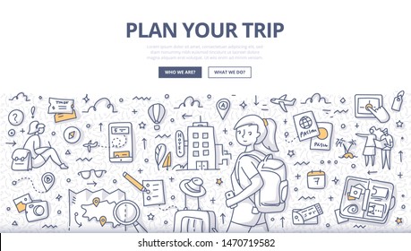 Concept Of Planning & Preparing For Trip Or Vacation. Young Traveler Girl With Backpack Goes On A Journey.  Doodle Illustration For Web Banners, Hero Images, Printed Materials