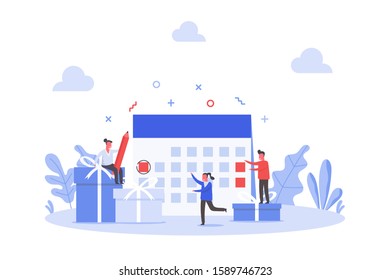 concept of planning schedule calendar with happy tiny people and large presents, vector flat illustration for web, landing page, ui, banner, editorial, mobile app and flyer.