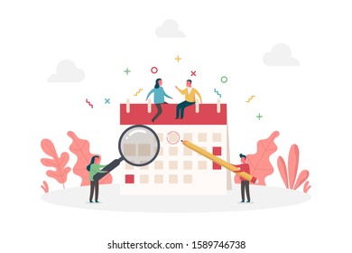 concepto de planificación calendario con gente pequeña y grande lápiz, vectorial ilustración plana para web, página de inicio, ui, banner, editorial, aplicación móvil y volante.